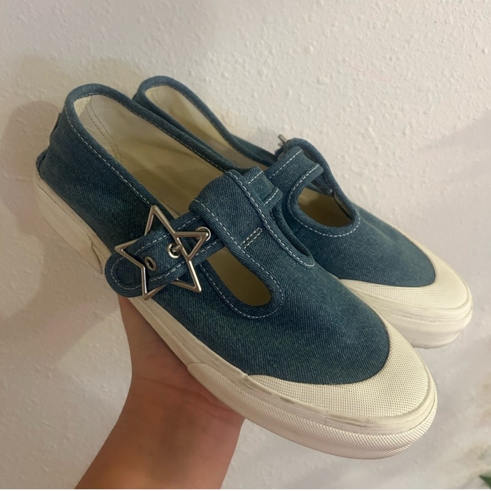 Vans Blue Denim Slip-On Sneakers with Star Buckle